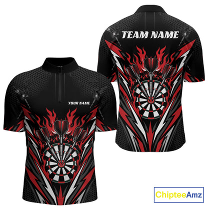 Custom short-sleeve darts quarter zip shirt shown from both front and back, featuring a black base with a red, white, and gray dartboard and flame graphic design