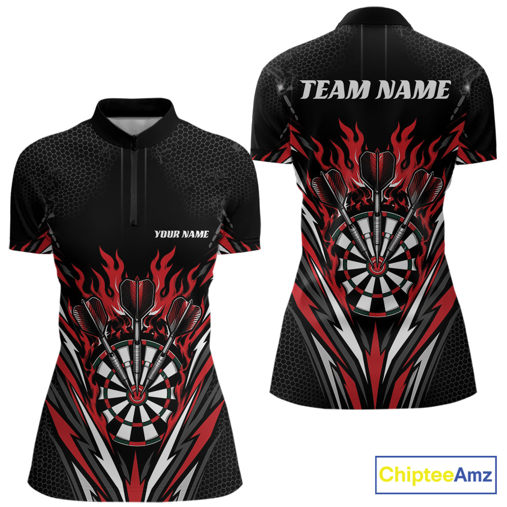 Black short-sleeve darts jersey quarter zip shirt with red and white flame and dartboard graphics, shown from front and back. 