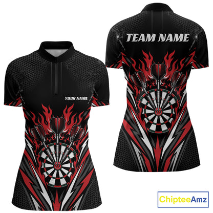 Black short-sleeve darts jersey quarter zip shirt with red and white flame and dartboard graphics, shown from front and back. 