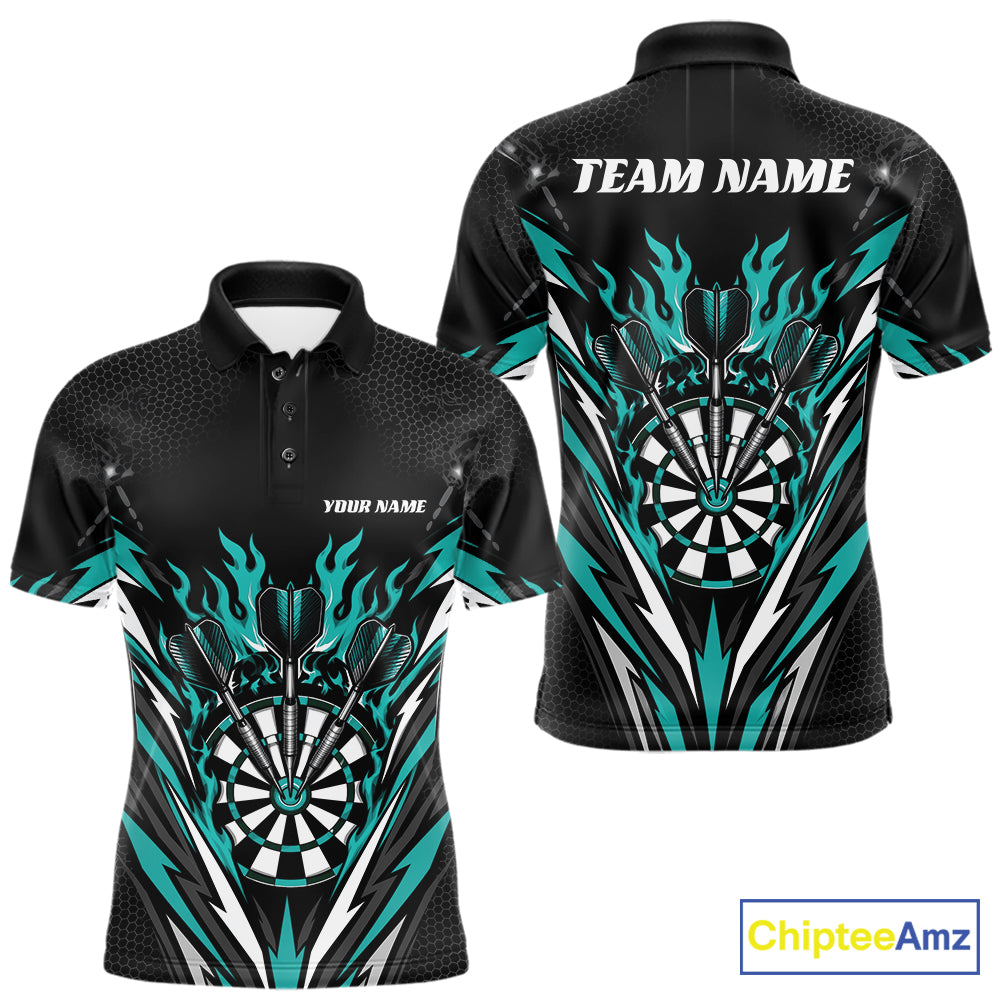 Custom Black And Turquoise Blue Flame Bullseye Darts Men Polo Shirt, Darts Team Jerseys IPHW11718