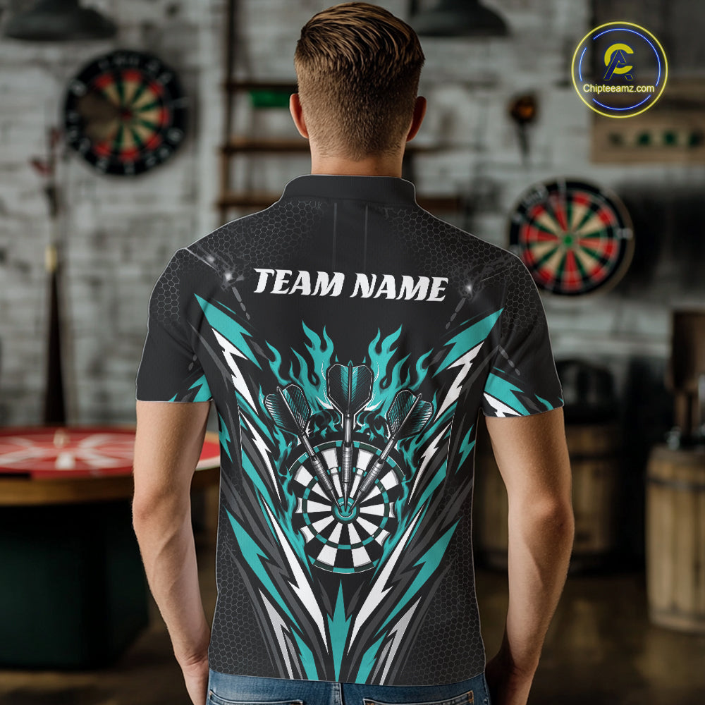 Custom Black And Turquoise Blue Flame Bullseye Darts Men Polo Shirt, Darts Team Jerseys IPHW11718