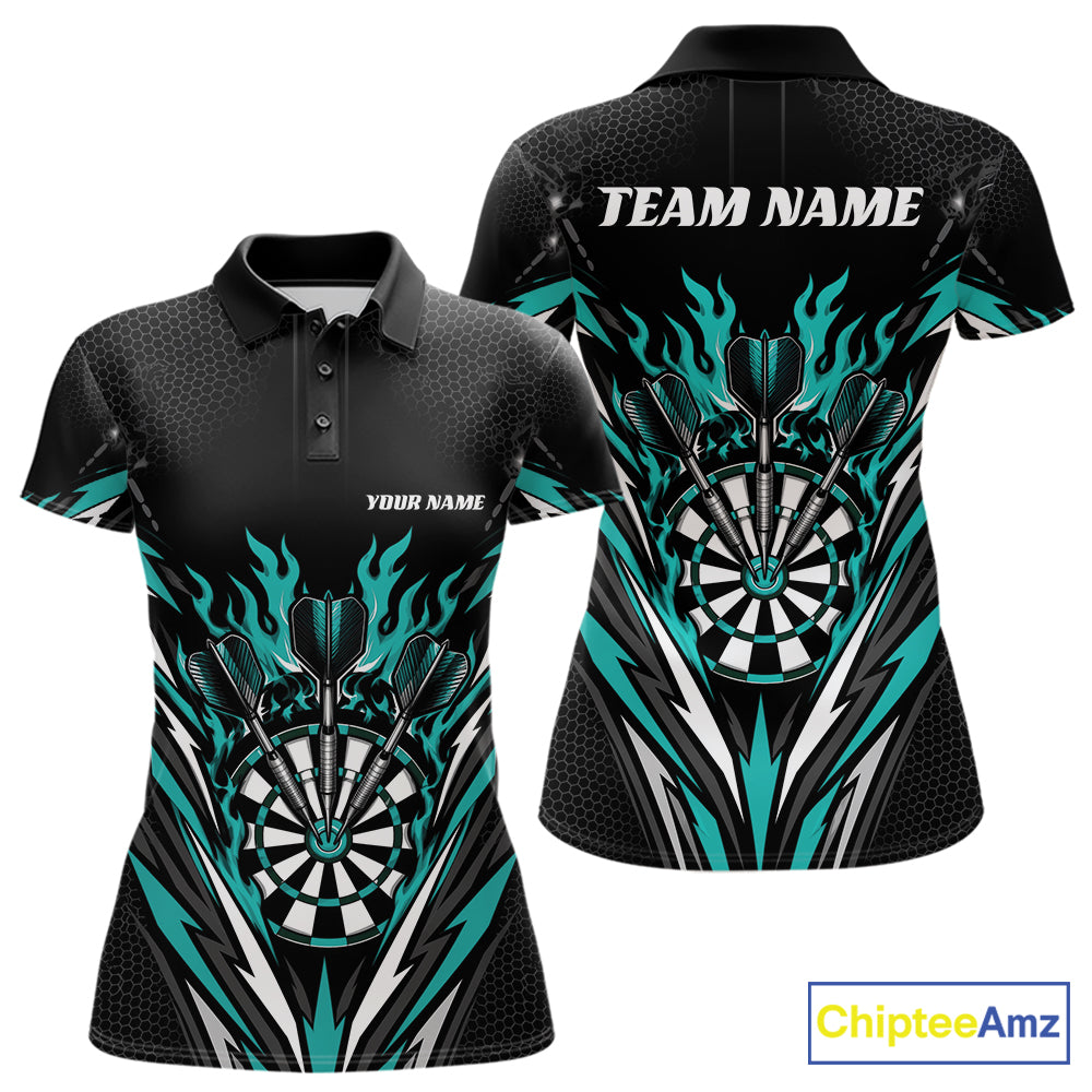 Custom short-sleeve polo shirt shown from the front and back, featuring a black base with a bold teal and white dartboard and flame graphic print. 