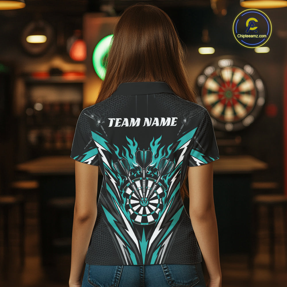 A woman viewed from behind wearing a short-sleeve collared shirt with a large dartboard-themed graphic in teal, white, and black on the back. 