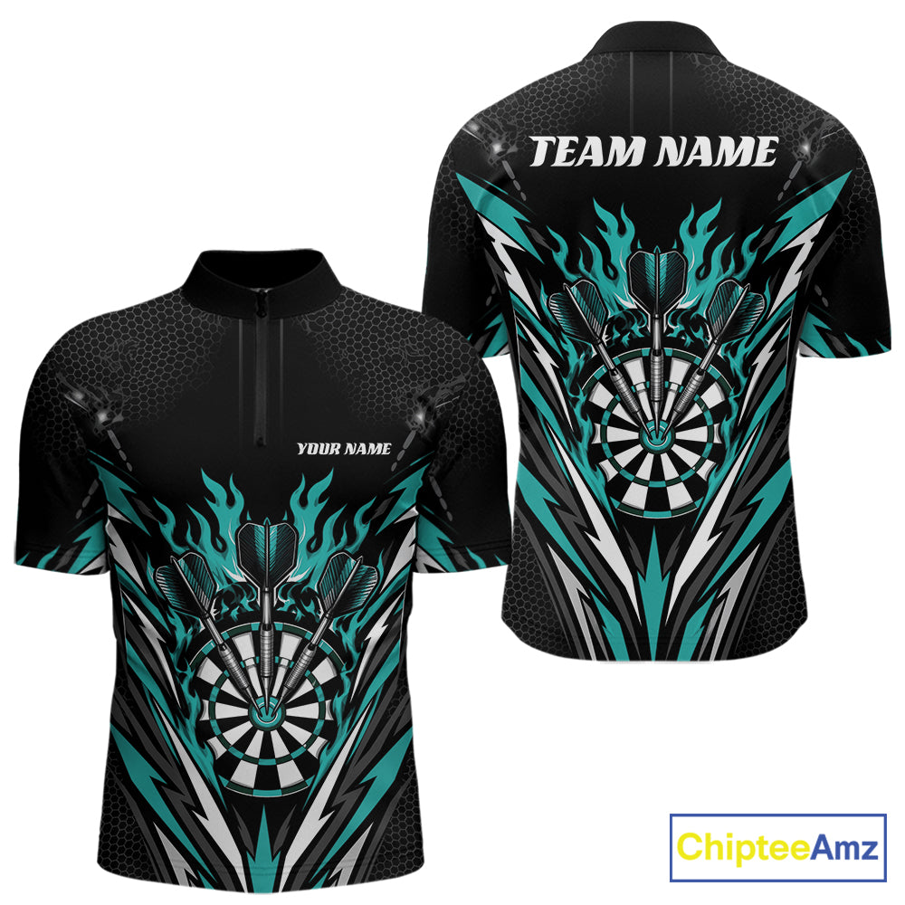 Custom short-sleeve darts jersey shown from the front and back on a white background. The jersey is black with a teal and white dartboard and flame graphic design, featuring placeholder text 'YOUR NAME' on the front chest and 'TEAM NAME' on the back collar.
