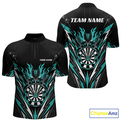 Custom short-sleeve darts jersey shown from the front and back on a white background. The jersey is black with a teal and white dartboard and flame graphic design, featuring placeholder text 'YOUR NAME' on the front chest and 'TEAM NAME' on the back collar.
