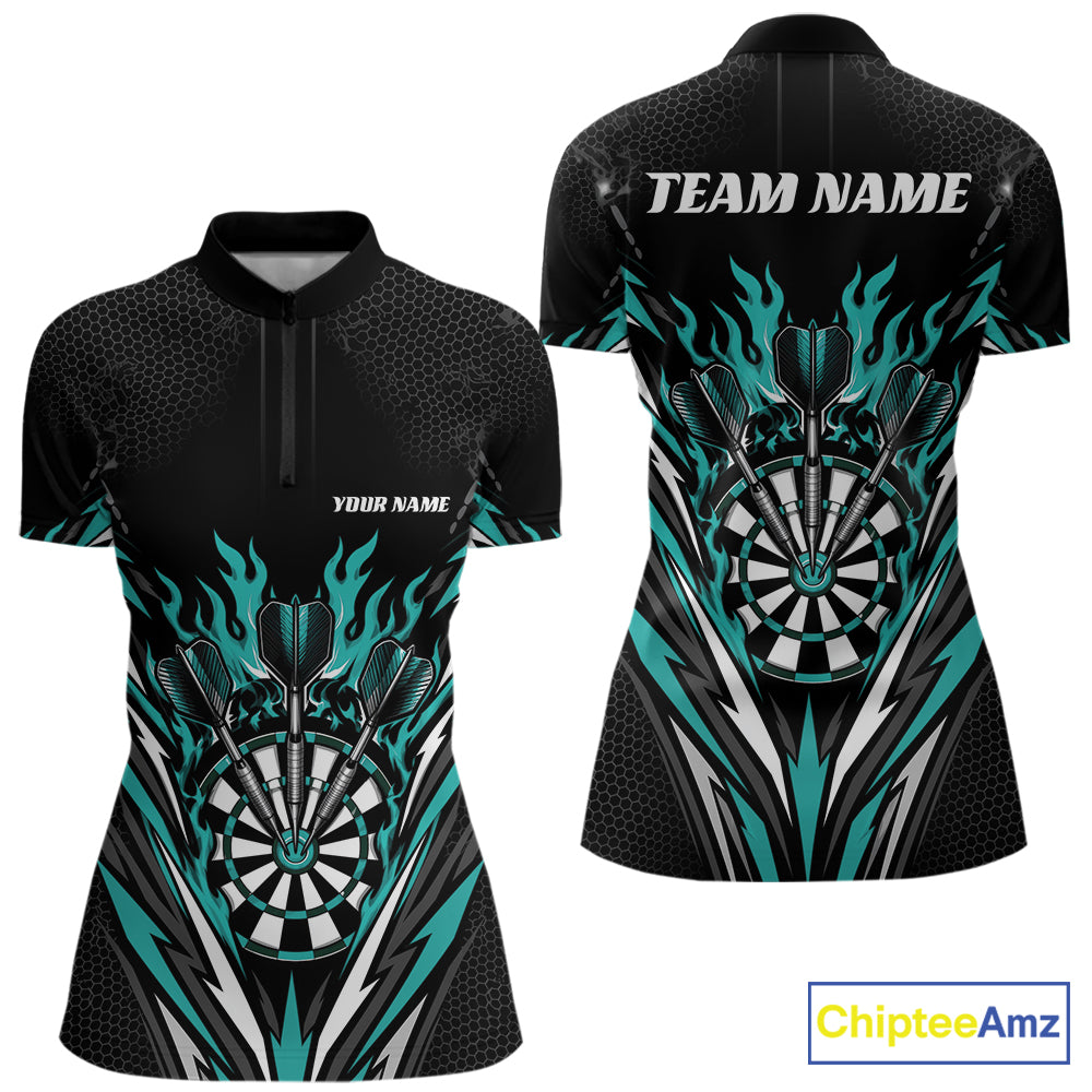 Custom short-sleeve darts jersey shown in front and back views on a white background. The quarter zip shirt is black with a teal and white flame and dartboard graphic, featuring customizable text placeholders 'YOUR NAME' and 'TEAM NAME'.