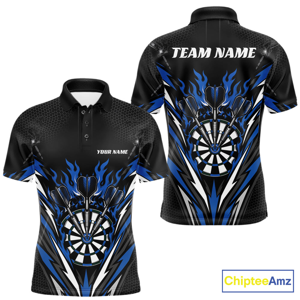 Custom Black And Blue Flame Bullseye Darts Men Polo Shirt, Darts Team Jerseys IPHW11719