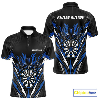 Custom Black And Blue Flame Bullseye Darts Men Polo Shirt, Darts Team Jerseys IPHW11719