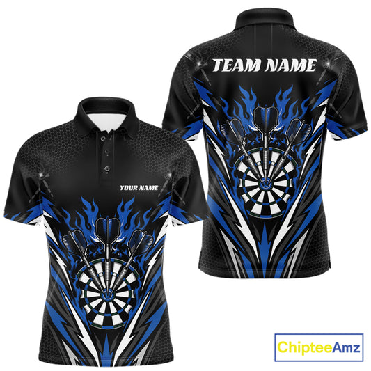 Custom Black And Blue Flame Bullseye Darts Men Polo Shirt, Darts Team Jerseys IPHW11719