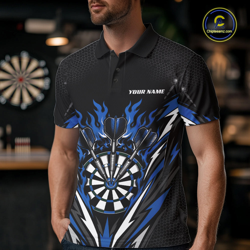 Custom Black And Blue Flame Bullseye Darts Men Polo Shirt, Darts Team Jerseys IPHW11719