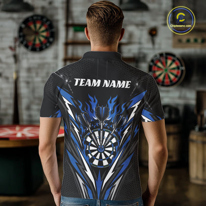 Custom Black And Blue Flame Bullseye Darts Men Polo Shirt, Darts Team Jerseys IPHW11719
