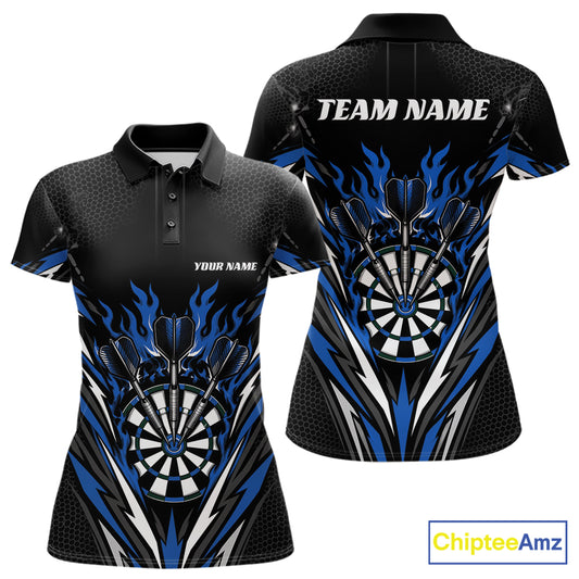 Custom Black And Blue Flame Bullseye Darts Women Polo Shirt, Darts Team Jerseys IPHW11719