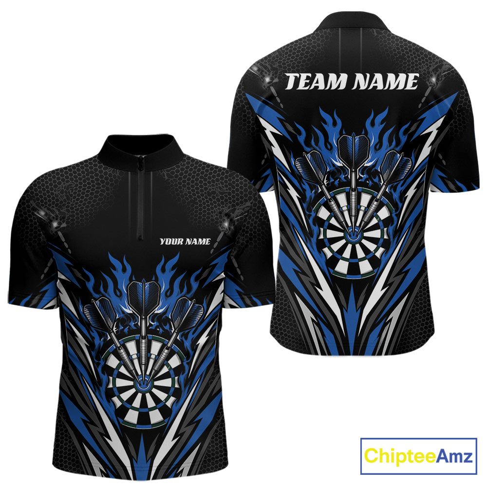 Custom short-sleeve darts quarter zip shirt shown from the front and back on a white background. The jersey is black with a blue, white, and gray dartboard and flame graphic design.