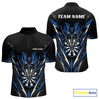 Custom short-sleeve darts quarter zip shirt shown from the front and back on a white background. The jersey is black with a blue, white, and gray dartboard and flame graphic design.