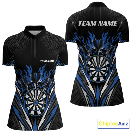 Custom Black And Blue Flame Bullseye Darts Women Quarter-Zip Shirt, Darts Team Jerseys IPHW11719