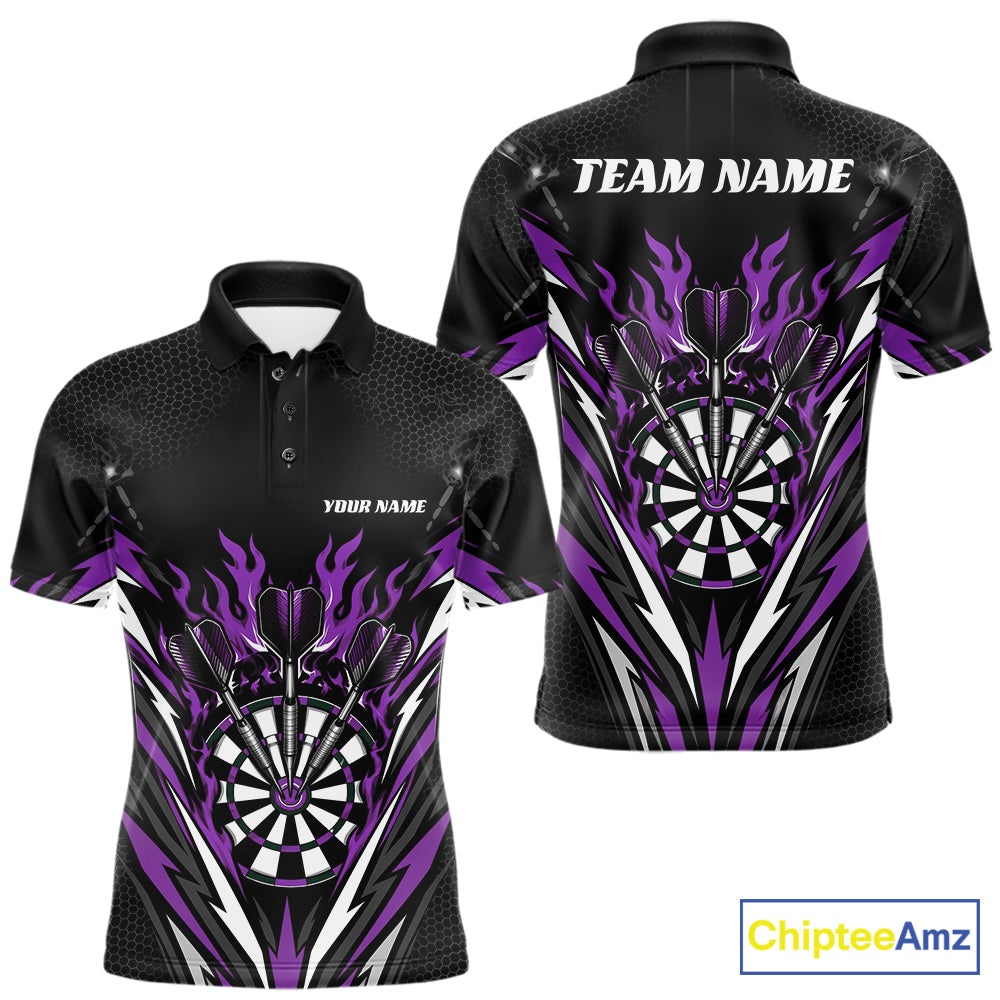 Custom Black And Purple Flame Bullseye Darts Men Polo Shirt, Darts Team Jerseys IPHW11720