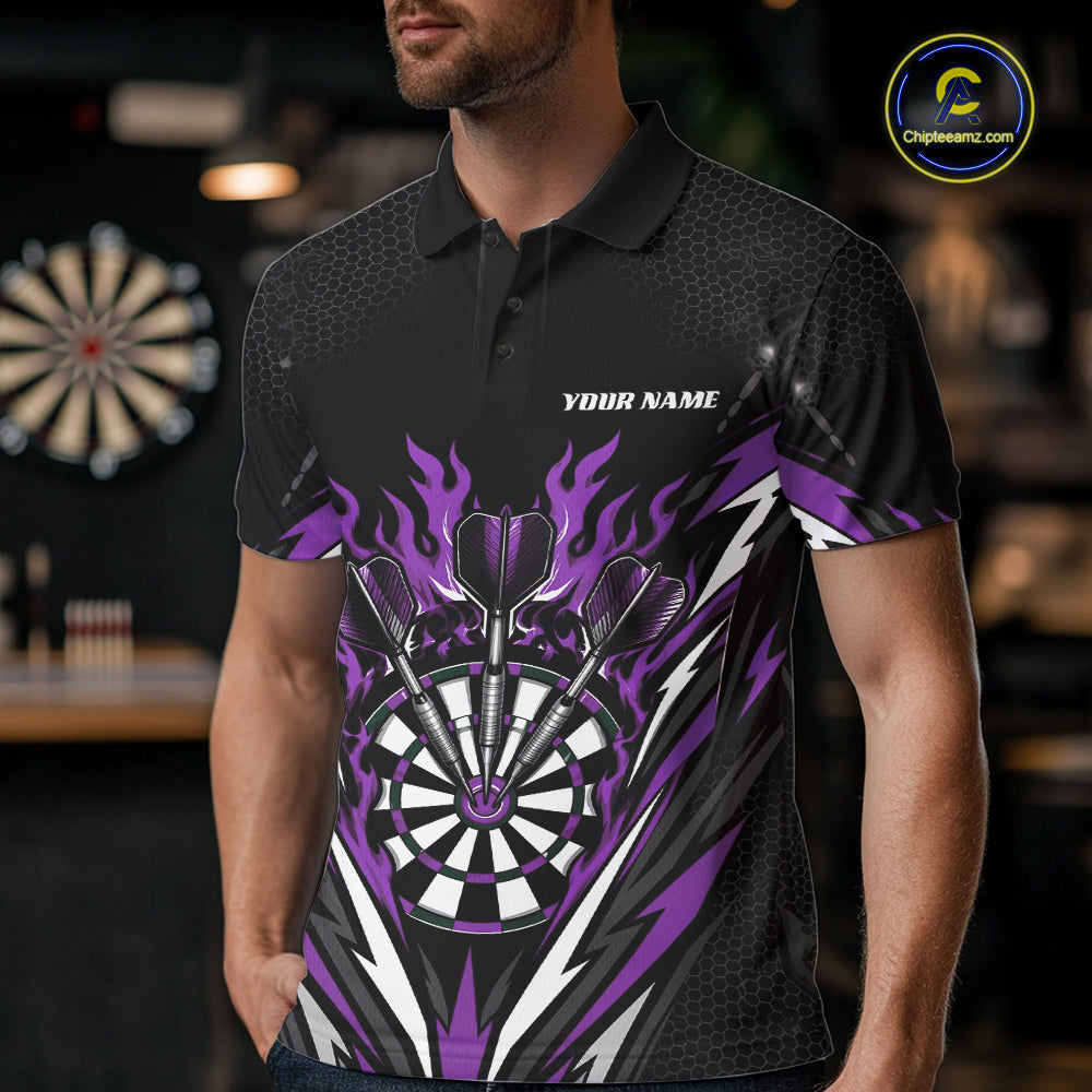 Custom Black And Purple Flame Bullseye Darts Men Polo Shirt, Darts Team Jerseys IPHW11720