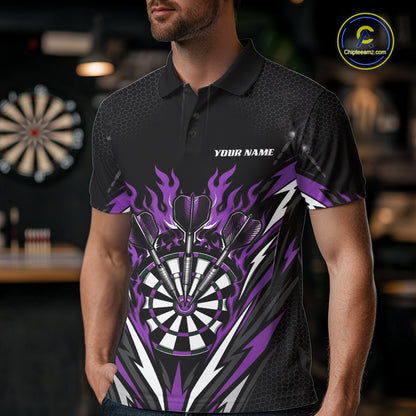 Custom Black And Purple Flame Bullseye Darts Men Polo Shirt, Darts Team Jerseys IPHW11720