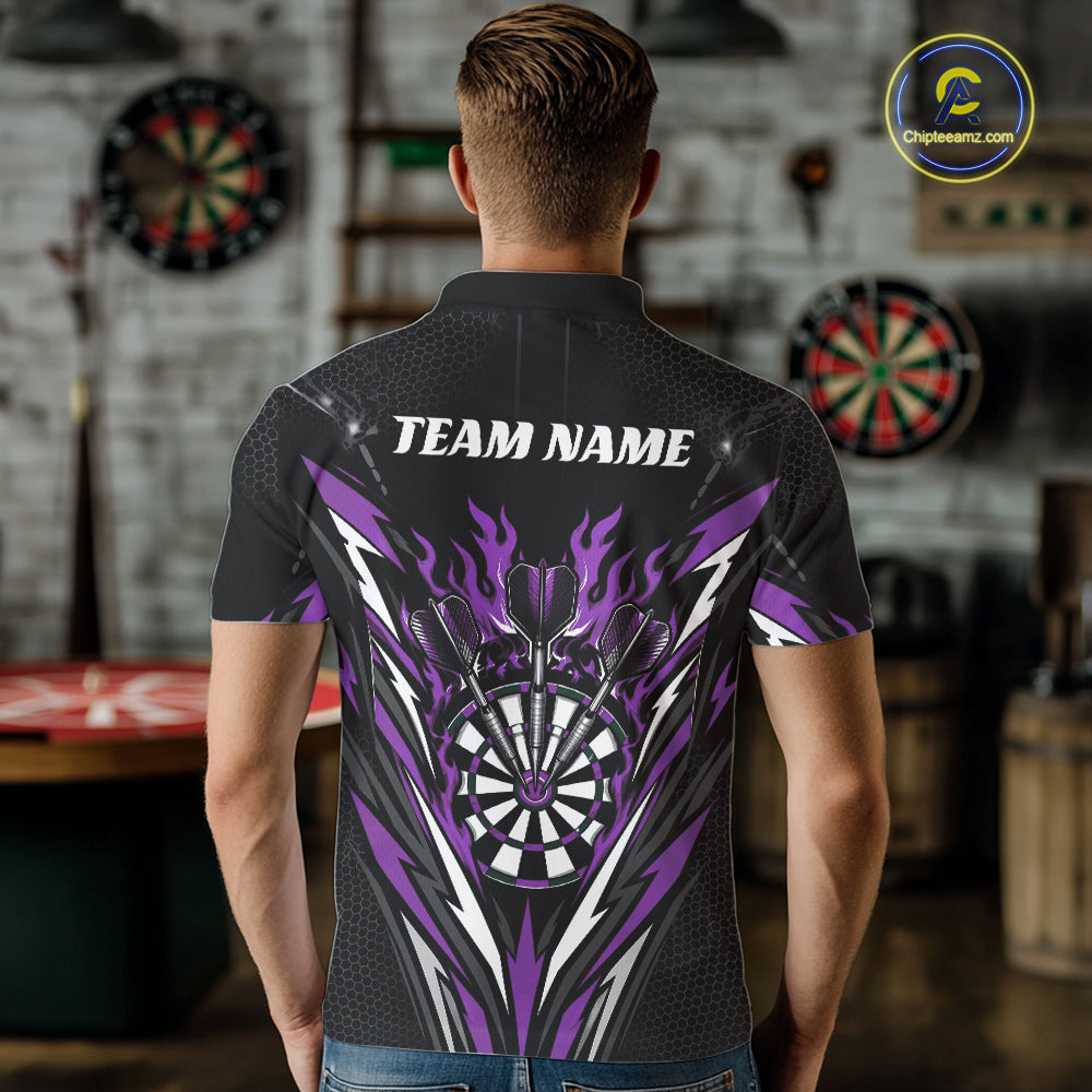 Custom Black And Purple Flame Bullseye Darts Men Polo Shirt, Darts Team Jerseys IPHW11720