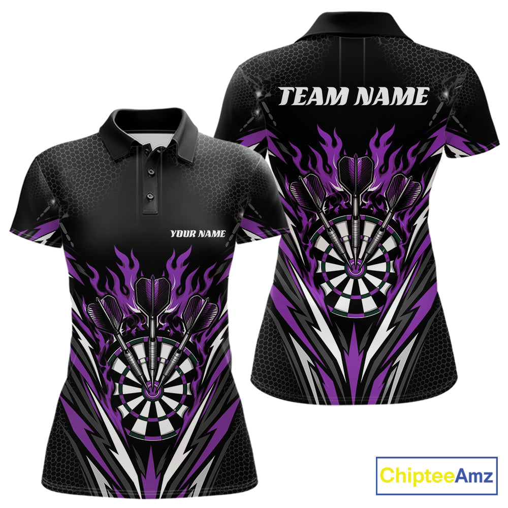 Custom short-sleeve polo shirt shown from front and back on a white background. The shirt is black with a purple and white dartboard and flame graphic print.
