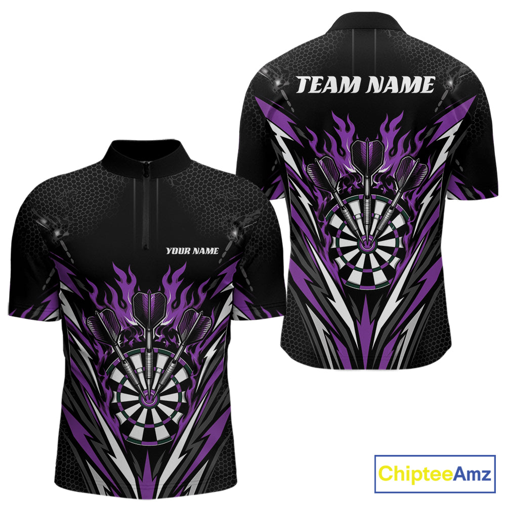 Custom darts short-sleeve black quarter-zip performance jersey with a purple and white dartboard and flame graphic on the front and back, shown in front and back views