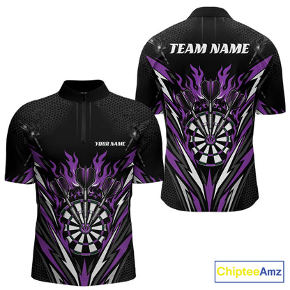 Custom darts short-sleeve black quarter-zip performance jersey with a purple and white dartboard and flame graphic on the front and back, shown in front and back views