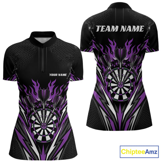 Custom Black And Purple Flame Bullseye Darts Women Quarter-Zip Shirt, Darts Team Jerseys IPHW11720