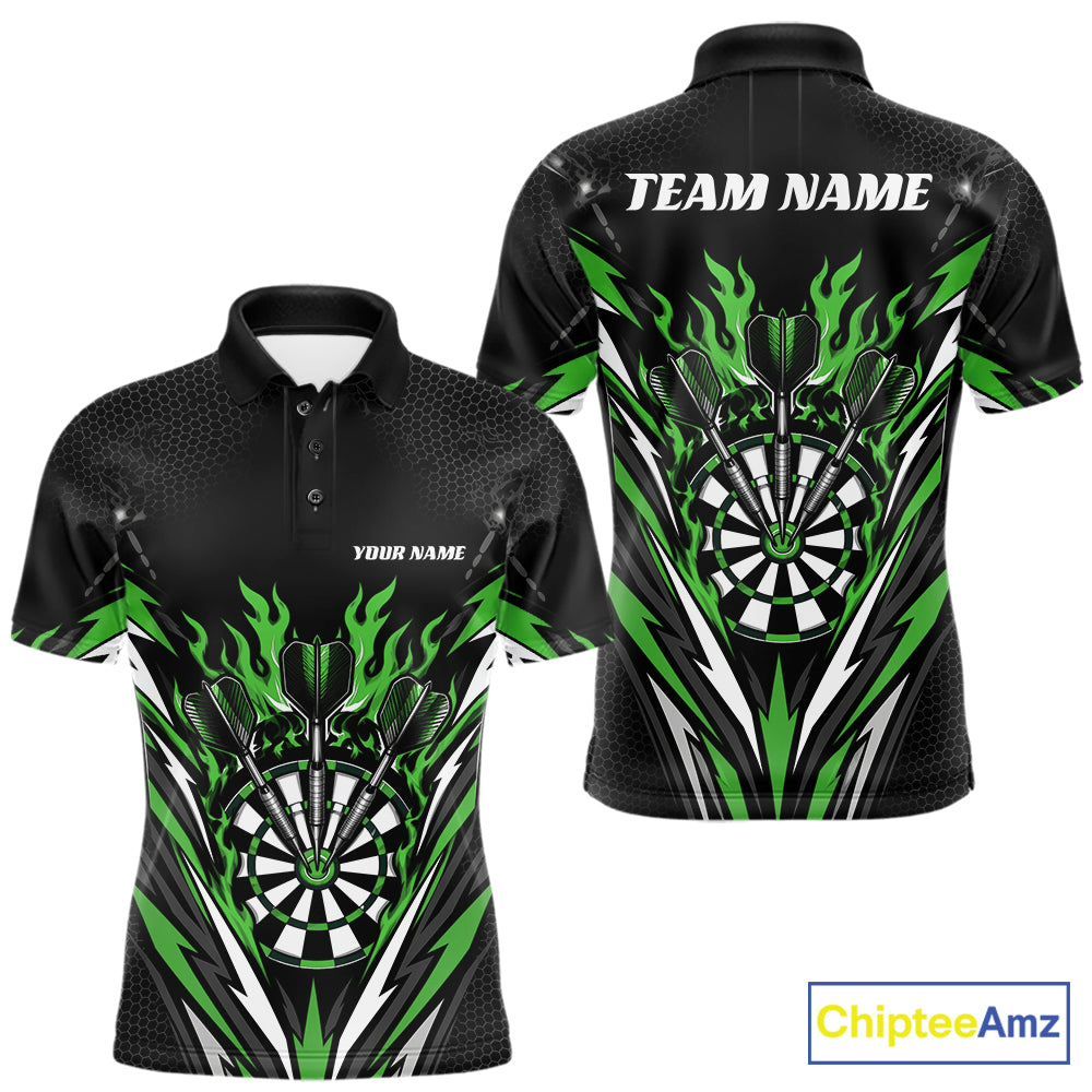 Custom Black And Green Flame Bullseye Darts Men Polo Shirt, Darts Team Jerseys IPHW11721