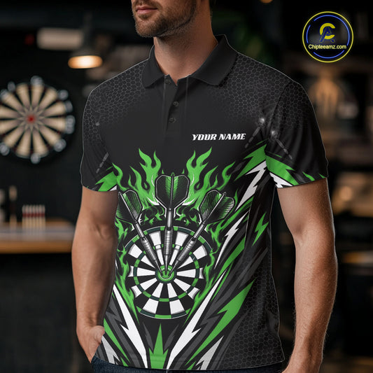 Custom Black And Green Flame Bullseye Darts Men Polo Shirt, Darts Team Jerseys IPHW11721