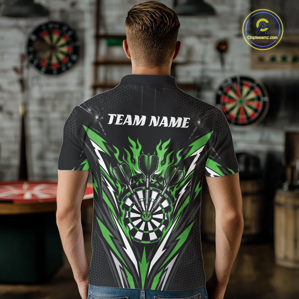 Custom Black And Green Flame Bullseye Darts Men Polo Shirt, Darts Team Jerseys IPHW11721