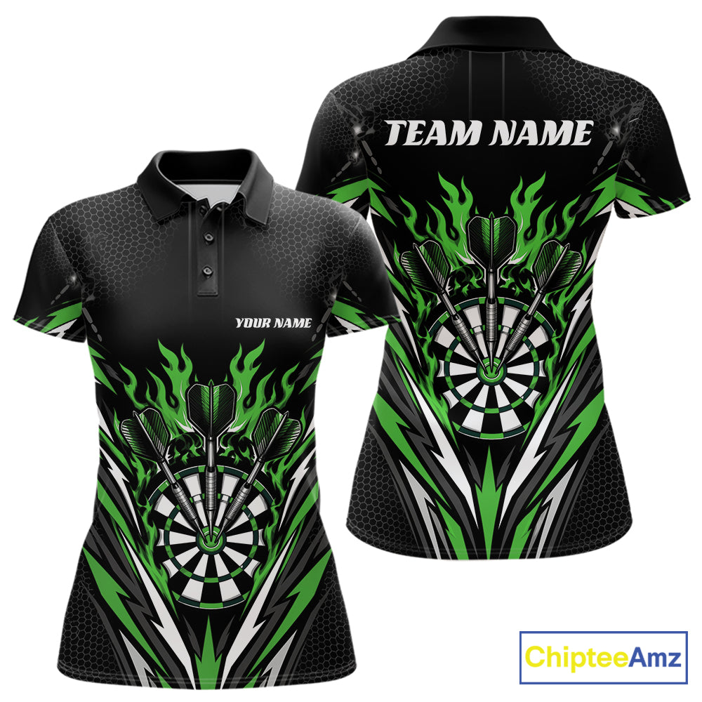 Custom womens short-sleeve polo shirt shown from front and back on a white background. The shirt features a black base with a green and white dartboard and flame graphic, with customizable text placeholders 'YOUR NAME' and 'TEAM NAME'.