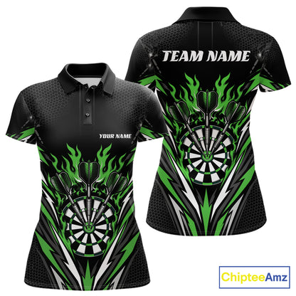 Custom womens short-sleeve polo shirt shown from front and back on a white background. The shirt features a black base with a green and white dartboard and flame graphic, with customizable text placeholders 'YOUR NAME' and 'TEAM NAME'.