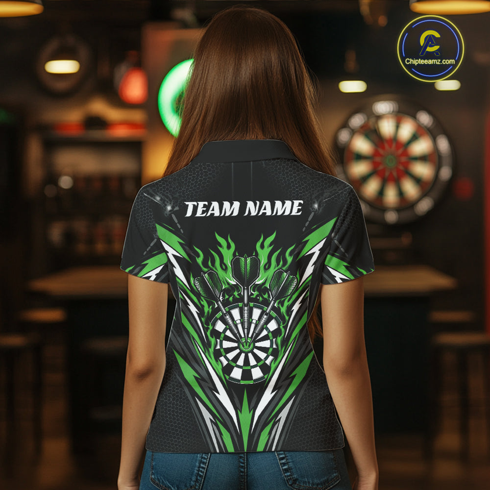 A woman viewed from behind wearing a short-sleeve black polo shirt with a green, white, and gray dartboard-themed graphic on the back
