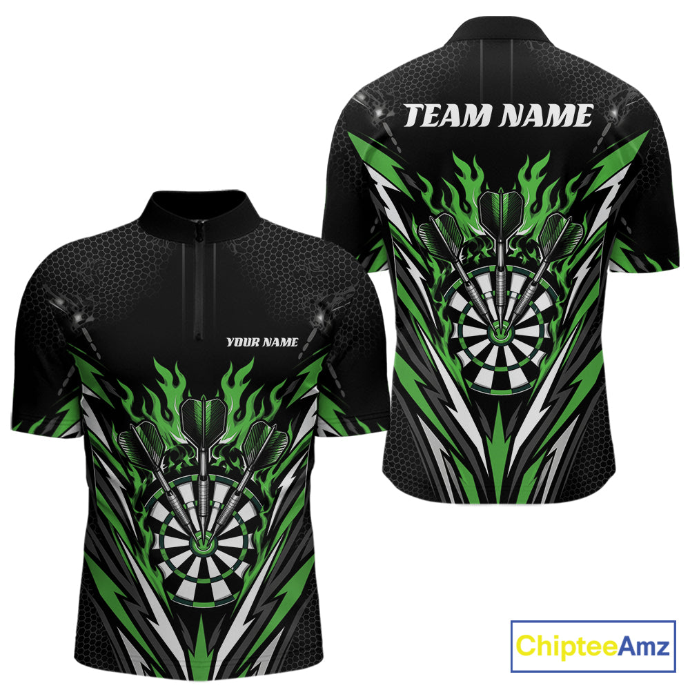 Black short-sleeve darts quarter zip shirt with a green and white dartboard and flame graphic, shown from the front and back on a white background. 