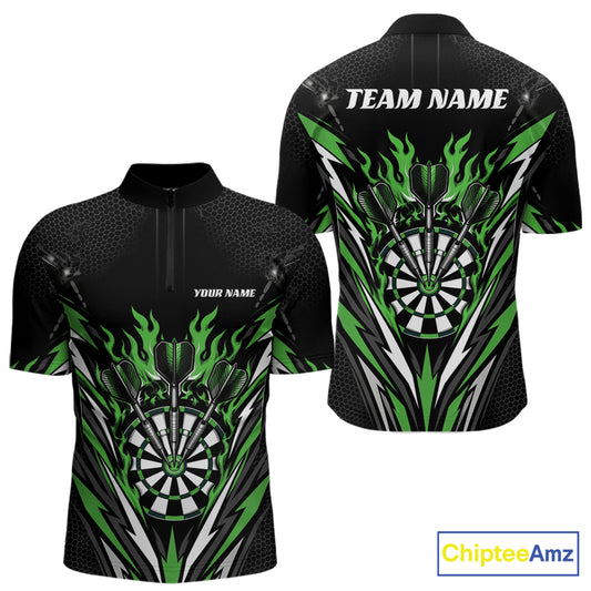 Custom Black And Green Flame Bullseye Darts Men Quarter Zip Shirt, Darts Team Jerseys IPHW11721