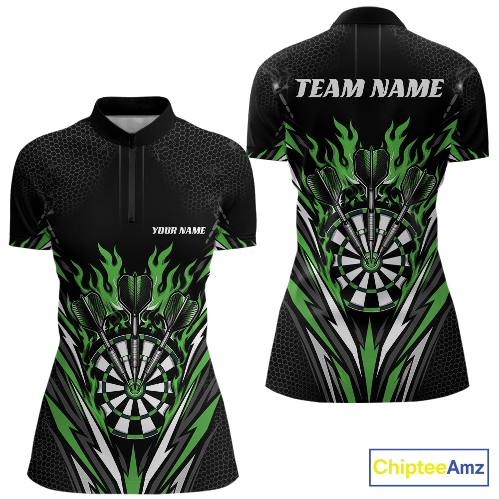 Front and back views of a women's short-sleeve quarter zip shirtwith a black and green dartboard-themed flame graphic, featuring 'YOUR NAME' on the front and 'TEAM NAME' on the back