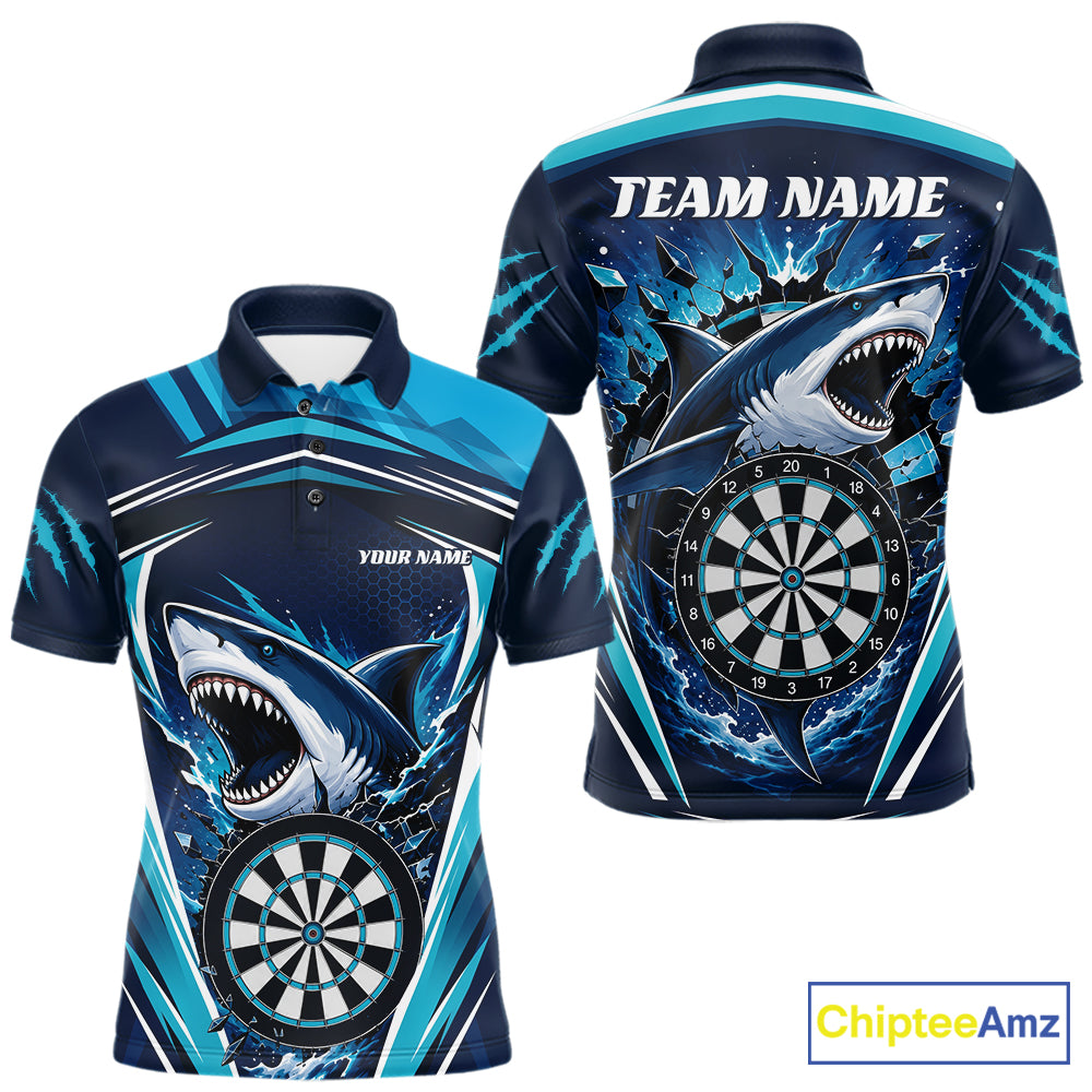 Custom short-sleeve polo shirt with a shark and dartboard graphic design, shown in both front and back views on a white background. 