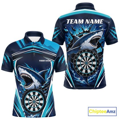 Custom short-sleeve polo shirt with a shark and dartboard graphic design, shown in both front and back views on a white background. 