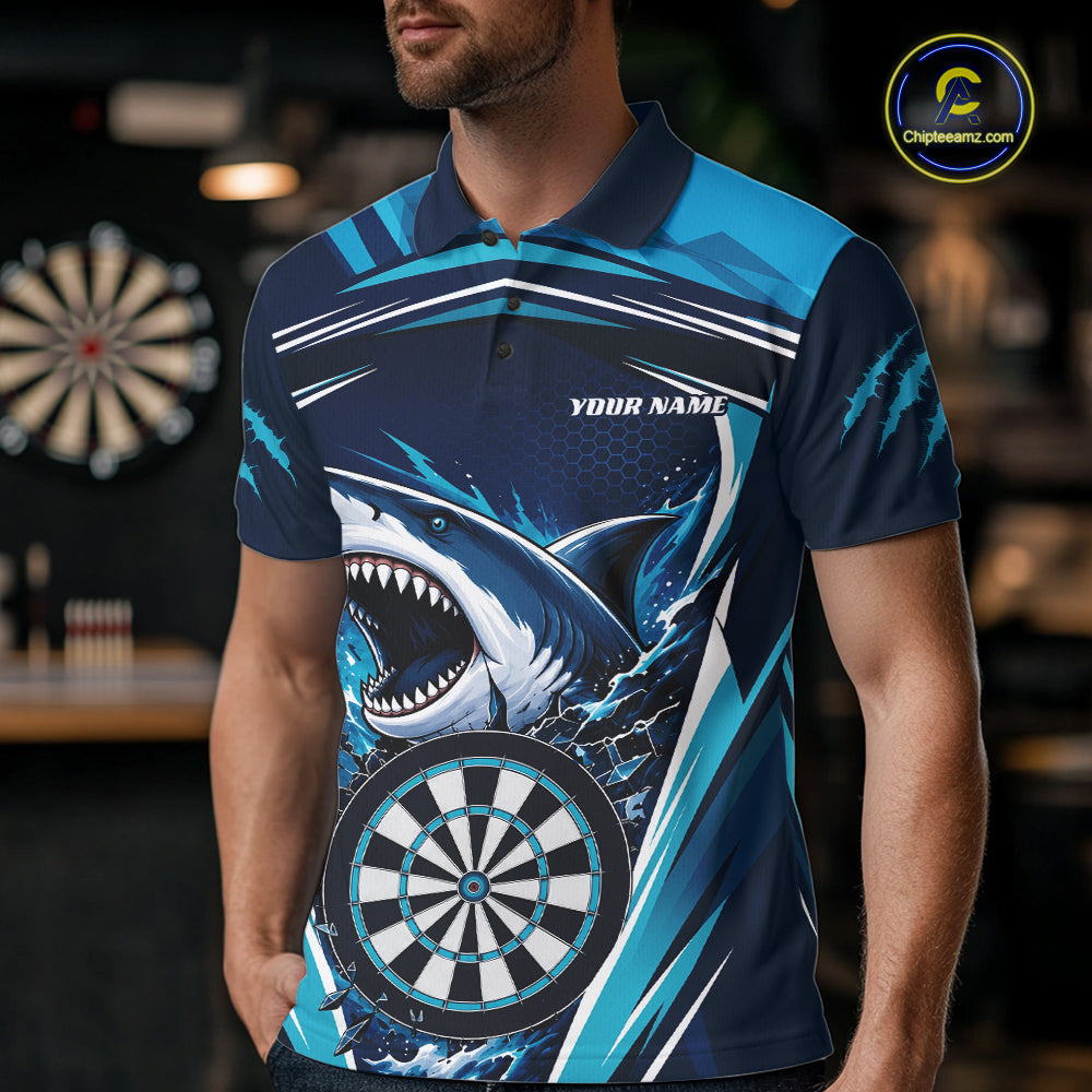 A man wearing a short-sleeve polo shirt with a shark and dartboard graphic print