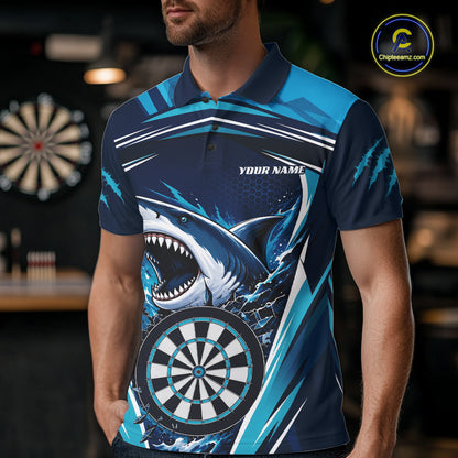 A man wearing a short-sleeve polo shirt with a shark and dartboard graphic print