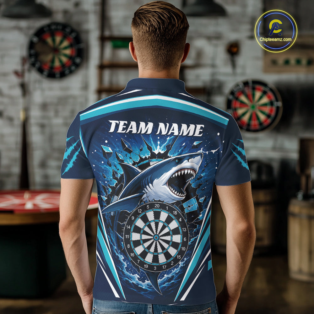 A man viewed from behind wearing a short-sleeve shirt with a large shark and dartboard graphic on the back,