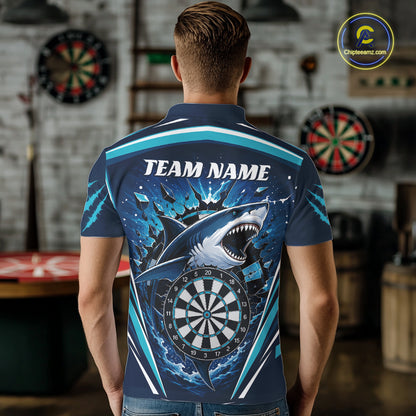 A man viewed from behind wearing a short-sleeve shirt with a large shark and dartboard graphic on the back,