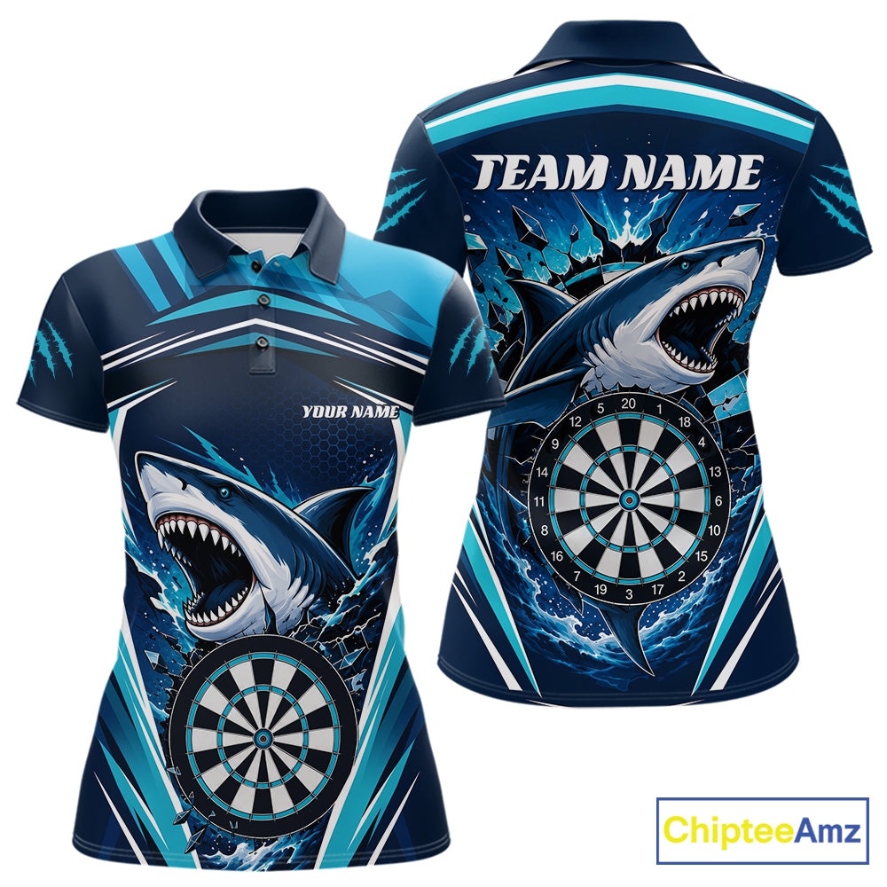 Custom short-sleeve polo shirt shown from the front and back, featuring a dynamic shark and dartboard graphic in blue, black, and white, with placeholder text 'TEAM NAME' and 'YOUR NAME' on a white background.