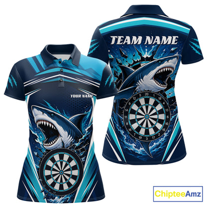 Custom short-sleeve polo shirt shown from the front and back, featuring a dynamic shark and dartboard graphic in blue, black, and white, with placeholder text 'TEAM NAME' and 'YOUR NAME' on a white background.