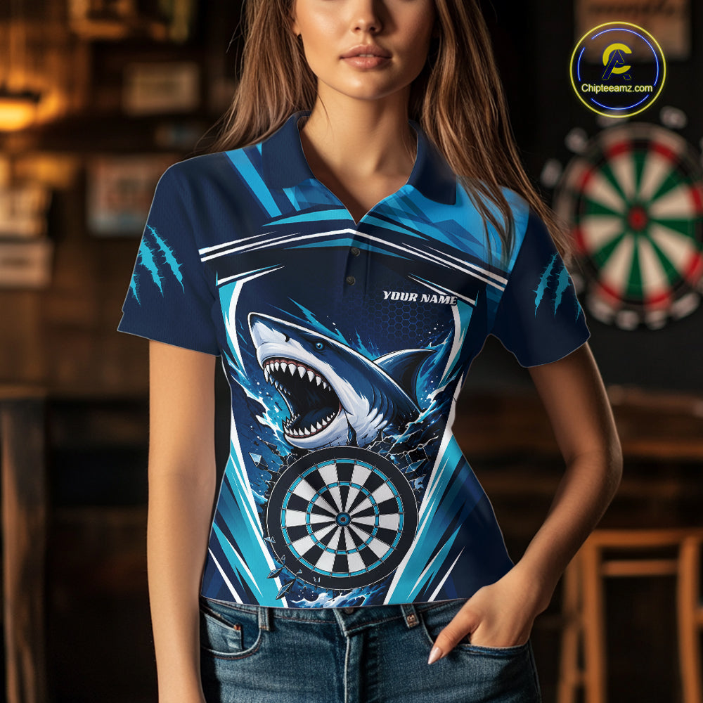 A woman wearing a custom short-sleeve polo shirt with a shark and dartboard graphic