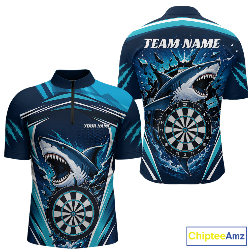 Custom darts short-sleeve quarter zip shirt with a shark and dartboard graphic, shown in front and back views on a white background. 