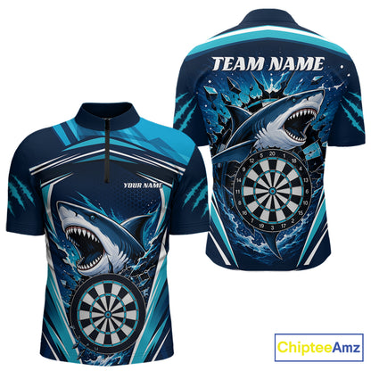 Custom darts short-sleeve quarter zip shirt with a shark and dartboard graphic, shown in front and back views on a white background. 