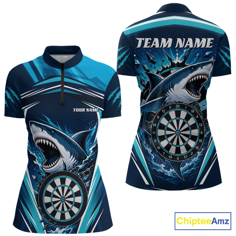 Front and back views of a darts short-sleeve quarter zip shirt featuring a shark and dartboard graphic design in shades of blue, navy, white, and black. 