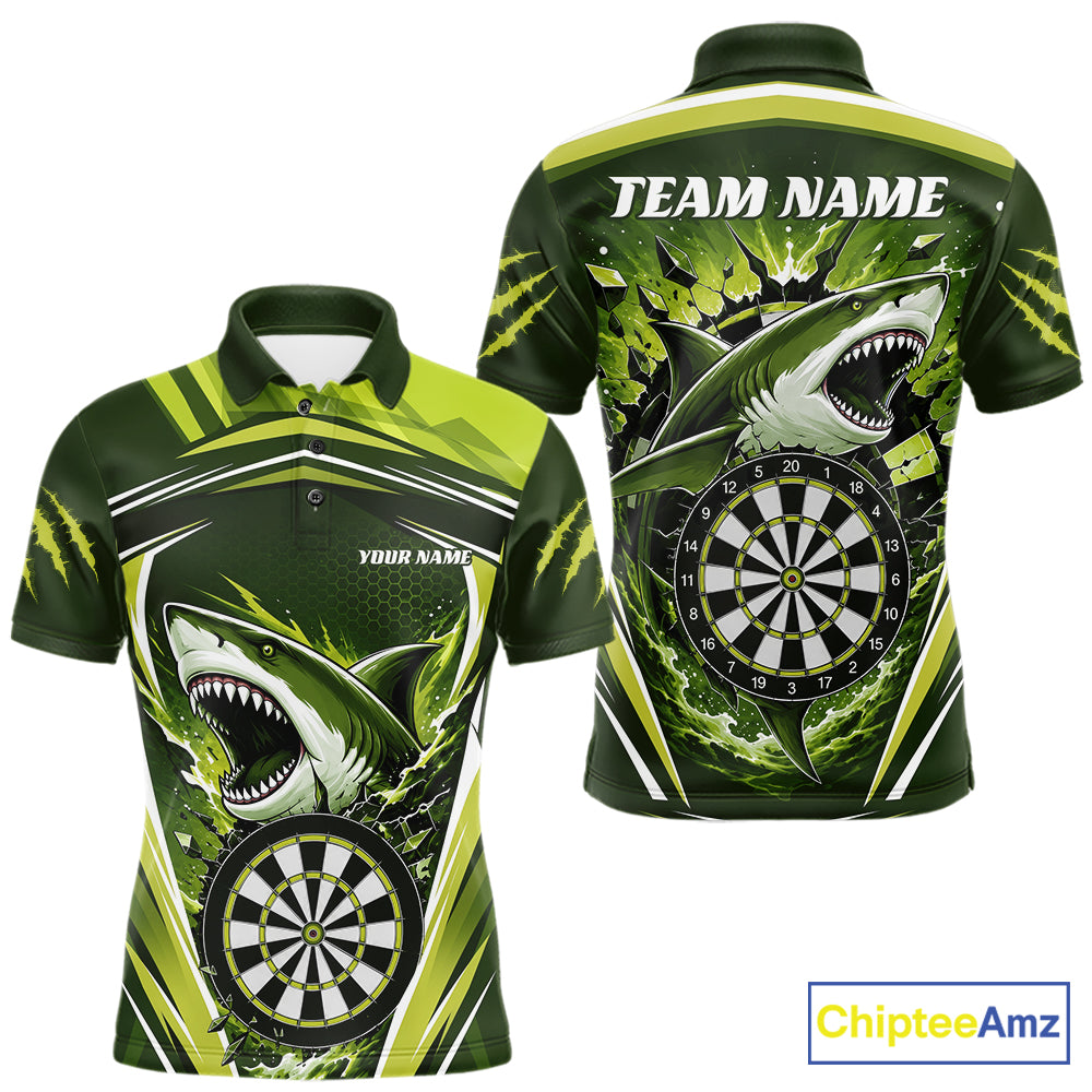 Custom short-sleeve polo shirt shown from the front and back, featuring a green and black shark graphic with a dartboard design and placeholder text 'TEAM NAME' and 'YOUR NAME'.