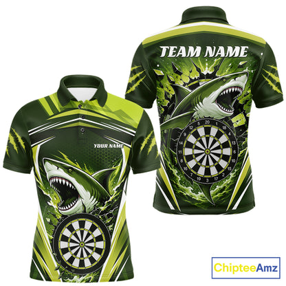Custom short-sleeve polo shirt shown from the front and back, featuring a green and black shark graphic with a dartboard design and placeholder text 'TEAM NAME' and 'YOUR NAME'.